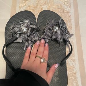 Custom black and white flip flops w stone